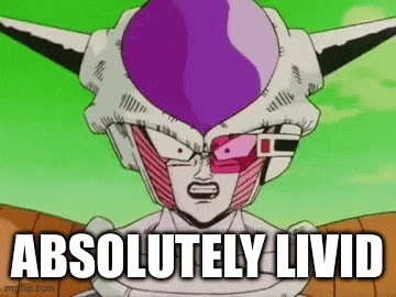 a cartoon character with a purple helmet and the words `` absolutely livid '' .