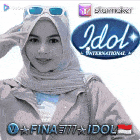 a woman wearing a hijab and sunglasses is standing in front of a idol international logo