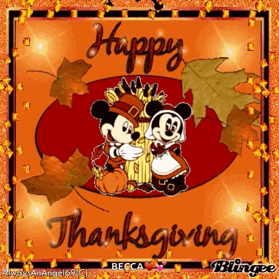 a happy thanksgiving greeting card with mickey mouse and minnie mouse on it