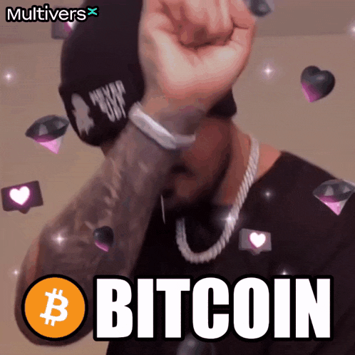 a man with a fist in the air is surrounded by hearts and says bitcoin