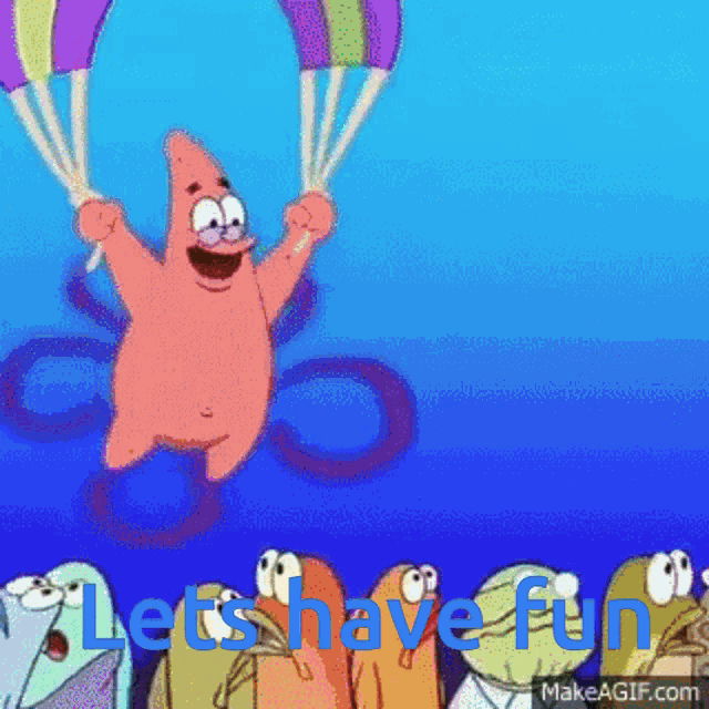 patrick star from spongebob squarepants is flying through the air with a parachute