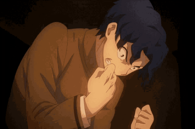 a man with blue hair and a brown jacket is looking at something