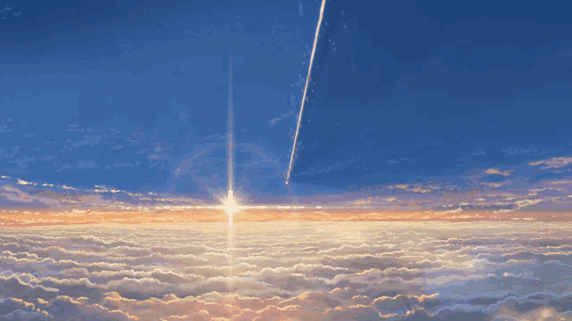 the sun is shining through the clouds and a comet is flying through the sky