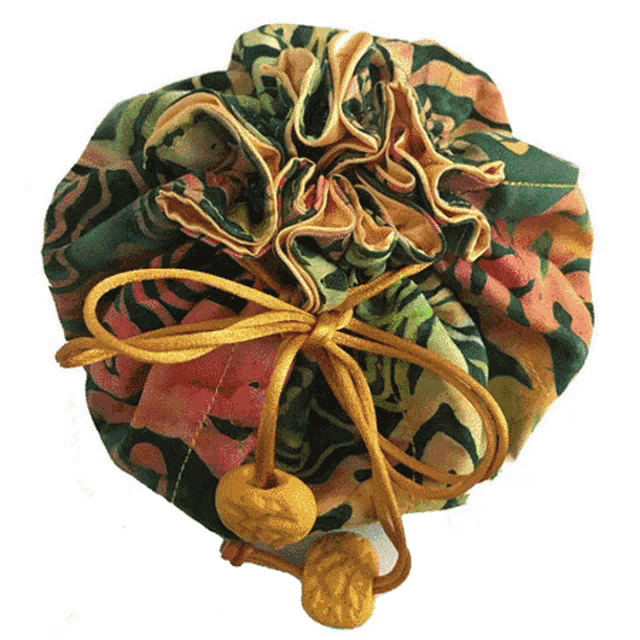a green and pink floral drawstring bag with a yellow knot