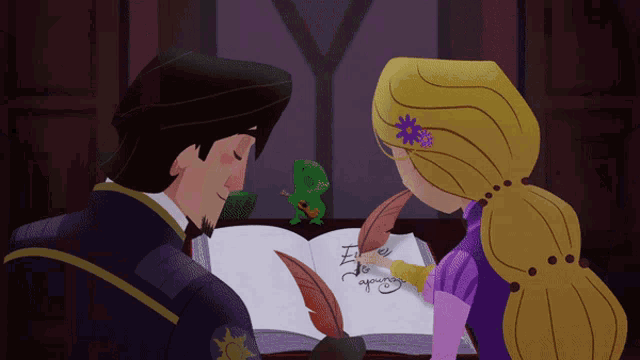 a cartoon of a man and a woman writing in a book that says i love you