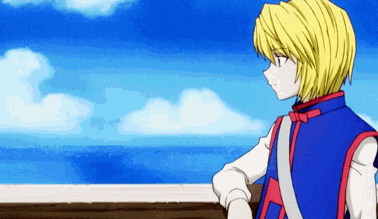 a yellow haired anime character in a blue vest is looking out over the ocean