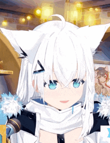 a girl with white hair and blue eyes is wearing a cat ear scarf .