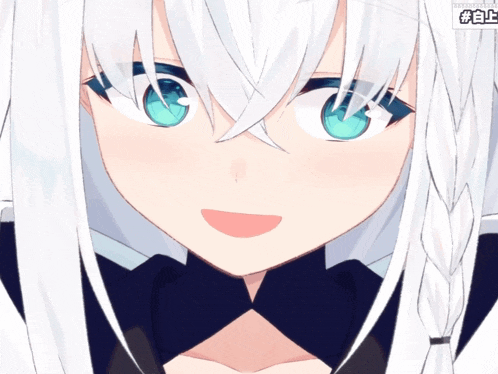 a close up of a anime character with white hair and green eyes