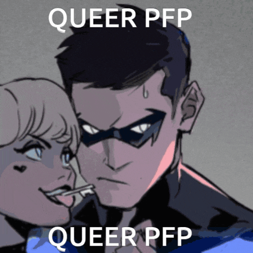 a cartoon of a man and a woman with the words queer pfp written on the bottom