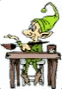 a cartoon elf is sitting at a wooden table with a pencil in his hand .
