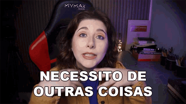 a woman sitting in a red and black mymax gaming chair