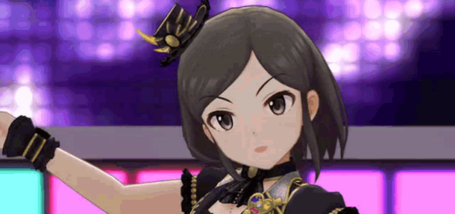 a close up of a cartoon girl wearing a black dress and a hat .