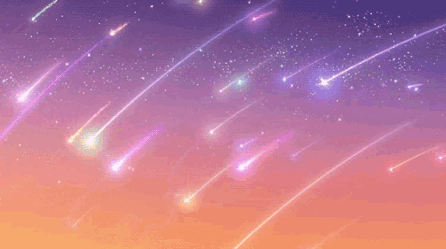 a purple and orange sky with a few shooting stars