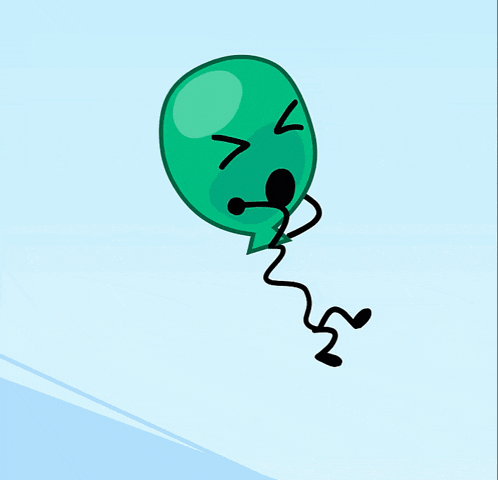 a green balloon with a face and arms is flying through the air
