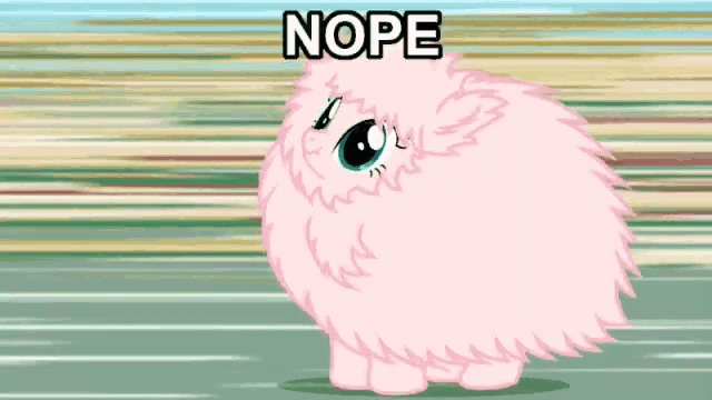 a pink fluffy animal is running with the word nope written above it