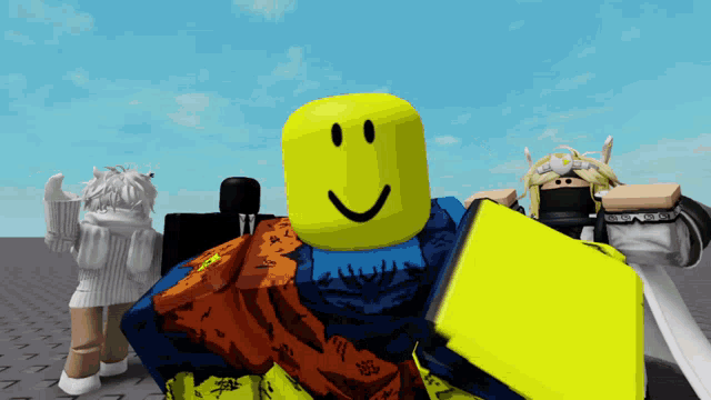 a yellow roblox character with a smiley face