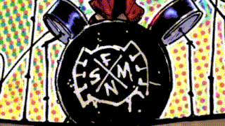 a cartoon drawing of a drum set with the letters esxm on it