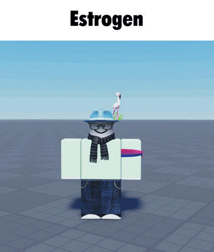 a cartoon character is wearing a blue hat and scarf and the word estrogen is above him