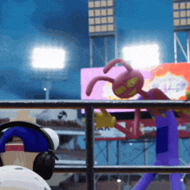 a person wearing headphones stands in front of a sign that says n