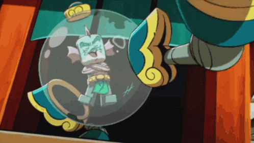 a cartoon character is in a glass sphere with a crown on it