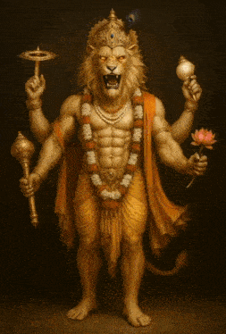 a painting of a lion holding a lotus flower and a torch