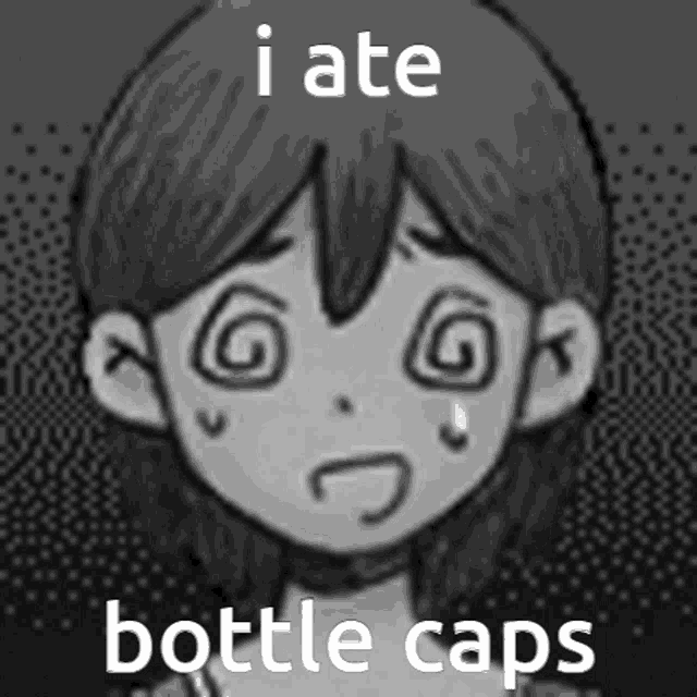 a black and white drawing of a girl with the words i ate bottle caps below it