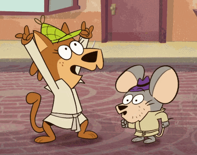 a cartoon cat and mouse are standing next to each other in a room