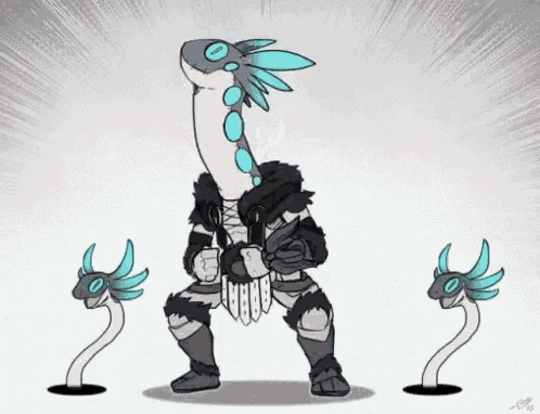 a cartoon of a dragon with a long neck standing next to two other dragons .