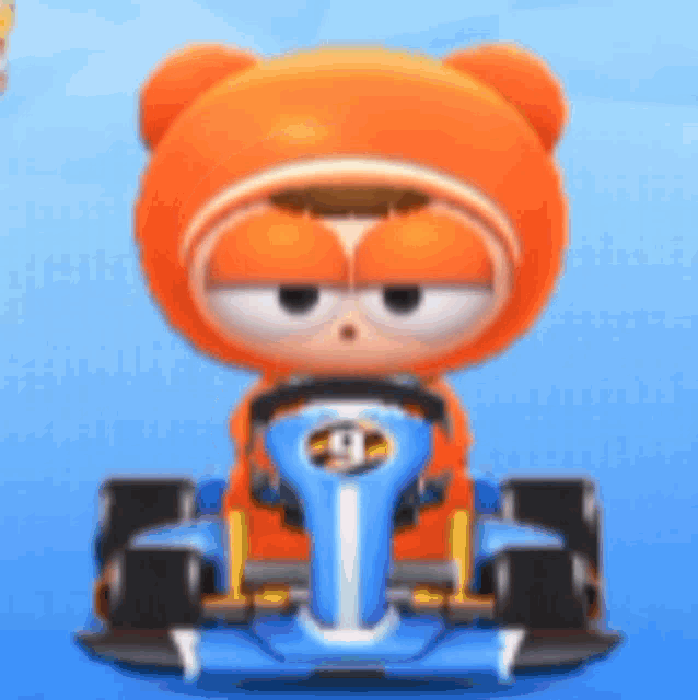 a cartoon character is sitting in a blue and orange race car .