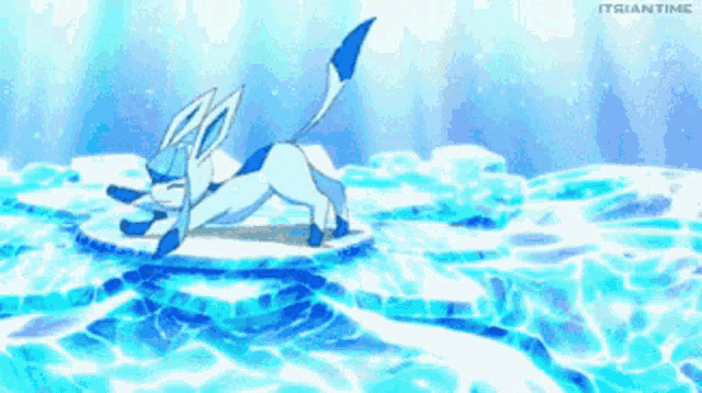 a pokemon is laying on a piece of ice in the water ..