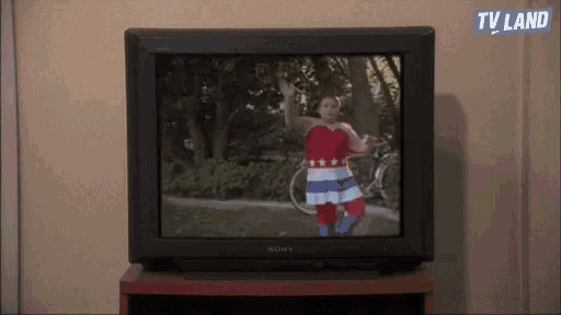 a sony television shows a woman in a red white and blue outfit