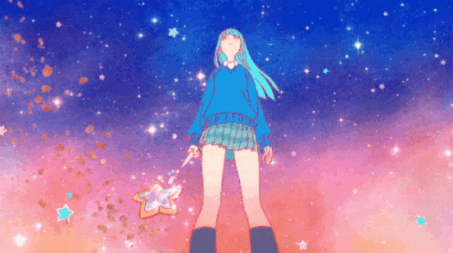 a girl in a blue sweater is holding a wand with a star on it