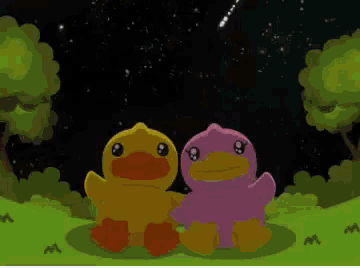 a yellow duck and a purple duck are looking at a starry sky