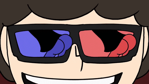 a cartoon character wearing a pair of 3d glasses with purple and red lenses