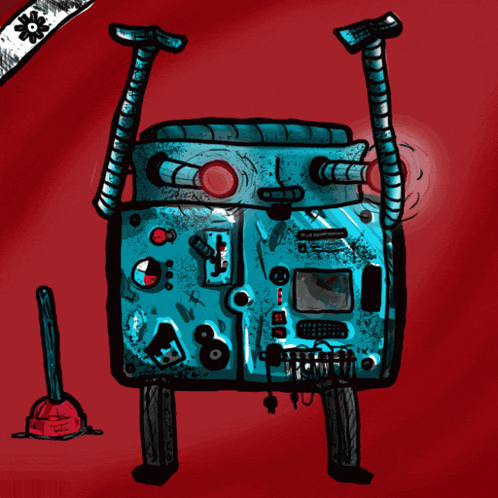 a drawing of a robot with a plunger in front of it