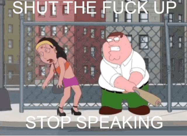 a cartoon of peter griffin holding a bat while a woman stands behind him