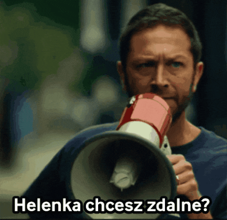 a man is holding a megaphone with helenka chcesz zdalne written on it