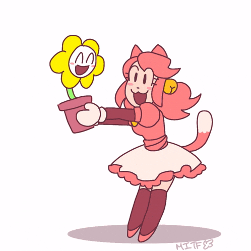a cartoon drawing of a girl holding a potted flower with the name mitf83 written on the bottom