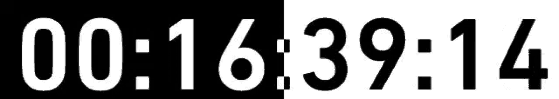 a black and white clock shows that the time is 00 : 16 : 39 : 08