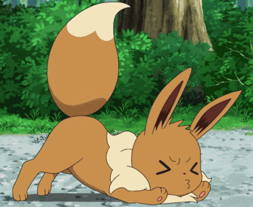 a cartoon eevee laying on the ground with a very angry look on his face