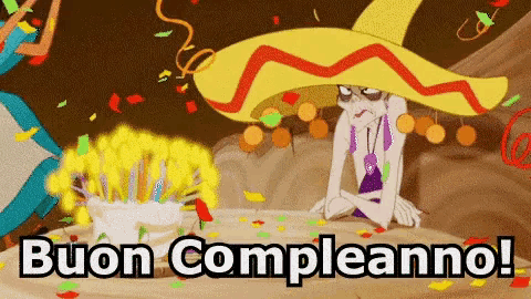 a cartoon character wearing a sombrero with the words buon compleanno written below him