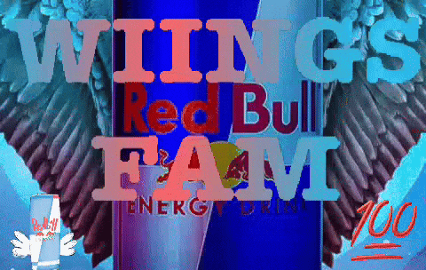 a can of red bull energy drink with the words wings red bull fam on it