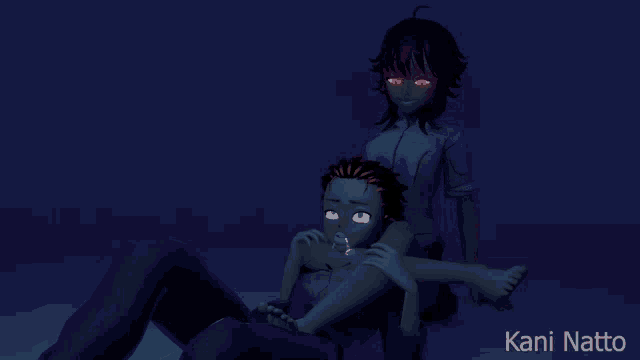 a drawing of a girl with red eyes and kani natto in the bottom right corner