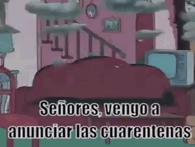 a cartoon of a living room with a red couch and stairs and a tv .