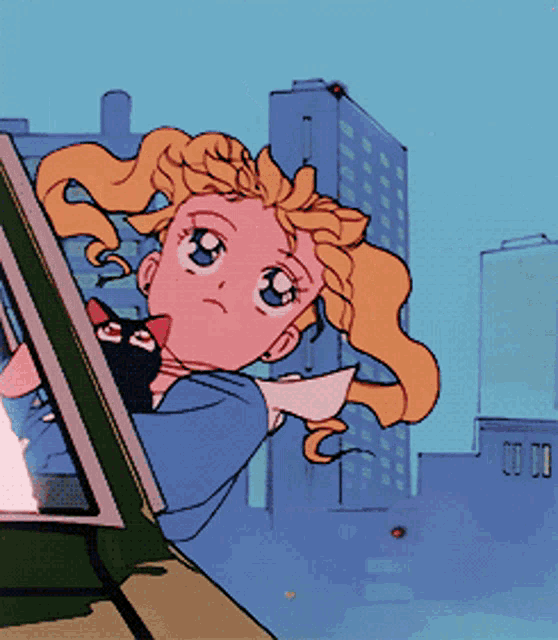 a cartoon of a girl in a car with a cat on her lap