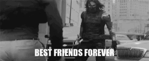a man in a superhero costume is kneeling down in front of a car and says `` best friends forever '' .