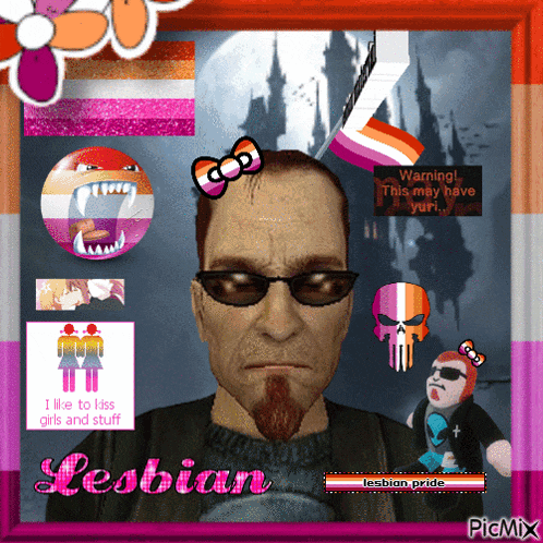 a picture of a man with a beard and sunglasses with the words lesbian on the bottom