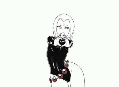 a black and white drawing of a woman with red beads on her waist