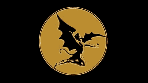 a gold coin with a bat on it is against a black background