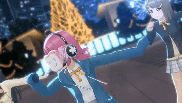 a girl with pink hair wearing headphones with a cross on it
